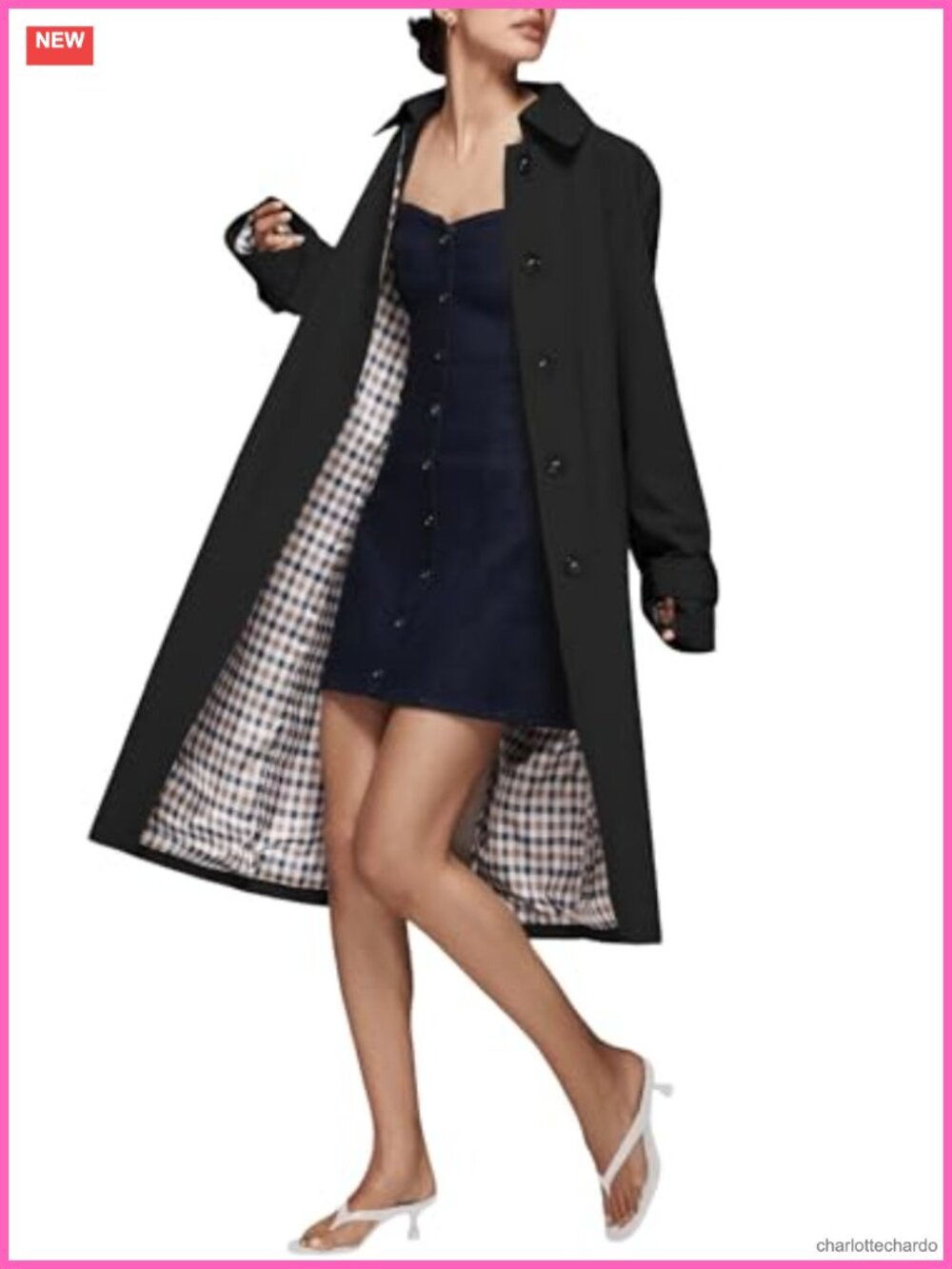 Fnortc Classic Long Trench Coat Single Breasted Plaid Lined Loose Fit Windproof